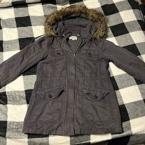 LOFT light jacket size XS petite Gray with removable faux fur hood